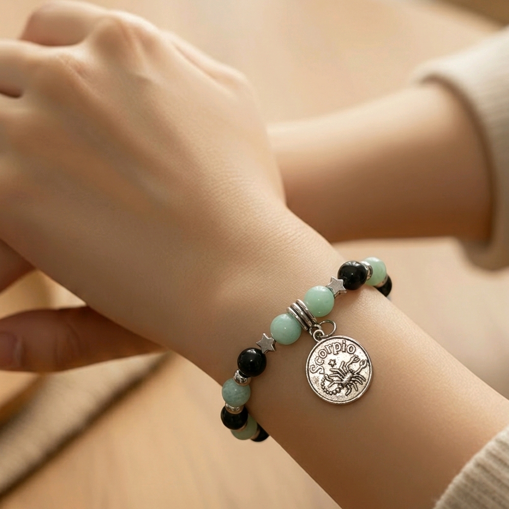 Scorpio Charm Bracelet Black Obsidian & Burmese Jade Size 6.5" Handmade
